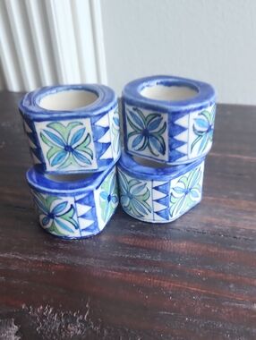Blue Floral Ceramic Napkin Rings - Set of 4